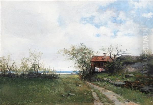 Sommarlandskap Med Stuga Oil Painting by Johan Severin Nilsson