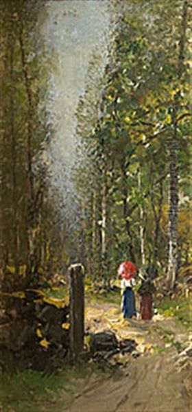 Promenerande Damer Med Parasoll Oil Painting by Johan Severin Nilsson