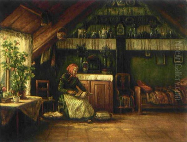 Allmogeinterior Med Kardande Kvinna Oil Painting by Johan Severin Nilsson