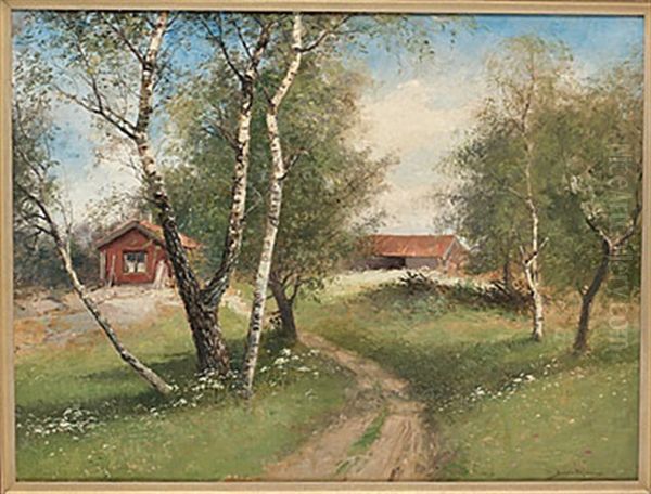 Sommarlandskap Med Bjorkar Oil Painting by Johan Severin Nilsson