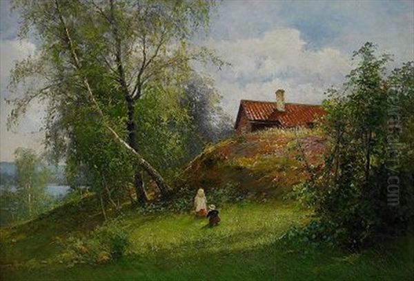 Svenskt Sommarlandskap Med Tva Smaflickor Oil Painting by Johan Severin Nilsson