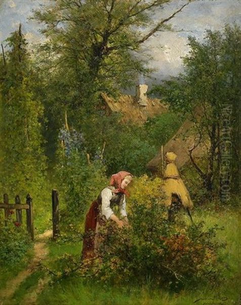 Sommarlandskap Med Barplockande Flicka Oil Painting by Johan Severin Nilsson