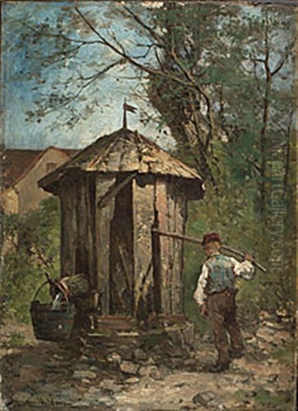 Pojke Vid Vattenpumpen Oil Painting by Johan Severin Nilsson