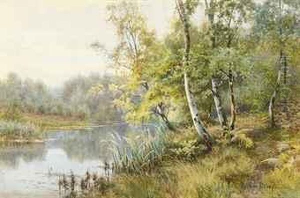 Silver Birchs On A Wooded River Bank Oil Painting by Walter Follen Bishop