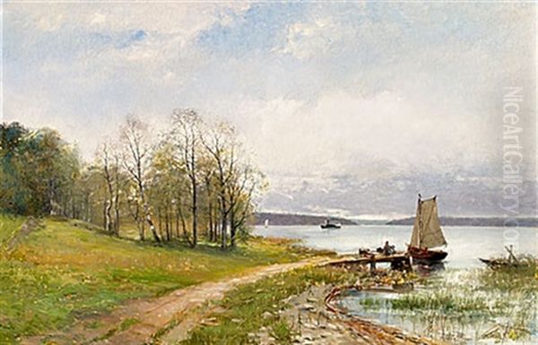 Insjolandskap Med Angbat Oil Painting by Johan Severin Nilsson