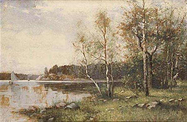 Sommarlandskap Med Segelbat Och Angbat Oil Painting by Johan Severin Nilsson