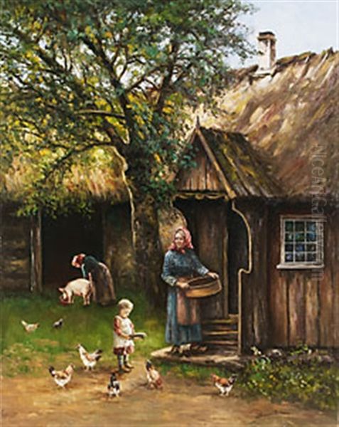 Vardagsbestyr Pa Gardstappan Oil Painting by Johan Severin Nilsson