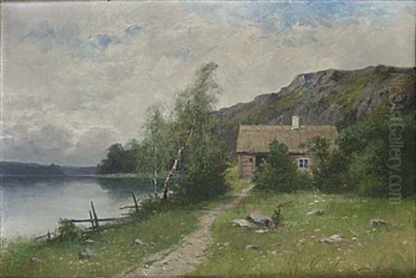 Sommarlandskap Med Stuga Vid Sjo Oil Painting by Johan Severin Nilsson