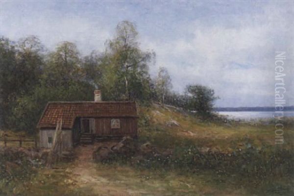 Sommarlandskap Med Stuga Vid Sjo Oil Painting by Johan Severin Nilsson