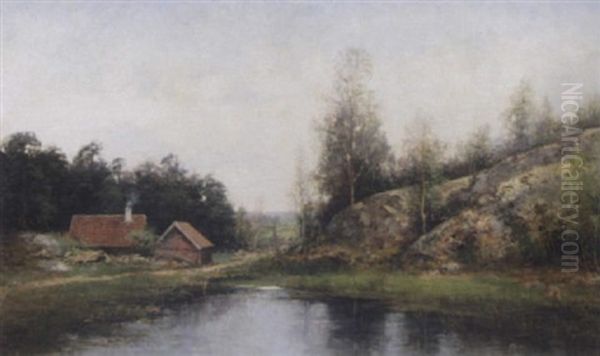 Varlandskap Med Roda Stugor Vid Insjo Oil Painting by Johan Severin Nilsson