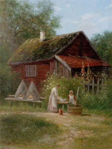 Sommarmotiv Med Mor Och Barn Farmfor Torpstuga Oil Painting by Johan Severin Nilsson