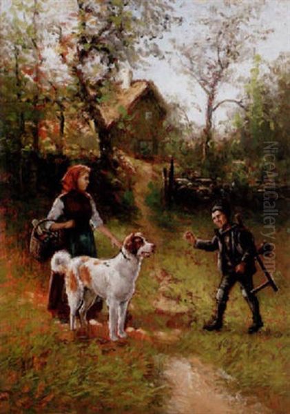 Flicka Med Hund Samt Sotargosse Vid Stuga Oil Painting by Johan Severin Nilsson