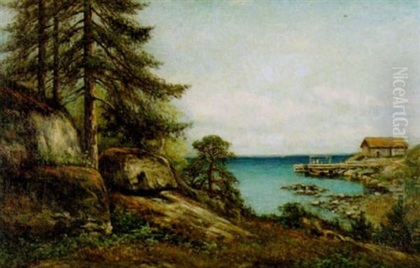 Strandlandskap Med Brygga Och Sjobod, Sommarmotiv Fran Halland Oil Painting by Johan Severin Nilsson