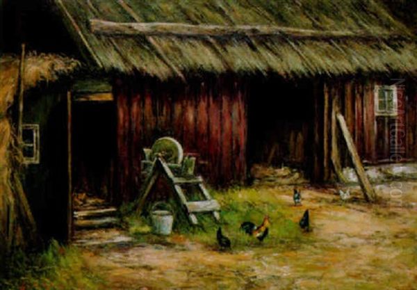 Gardslandskap Med Pickande Hons Oil Painting by Johan Severin Nilsson