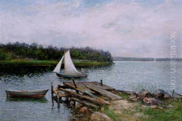 Insjolandskap Med Segelbat Oil Painting by Johan Severin Nilsson