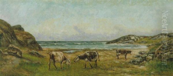 Strandlandskap Med Klippor Samt Betande Kor Oil Painting by Johan Severin Nilsson