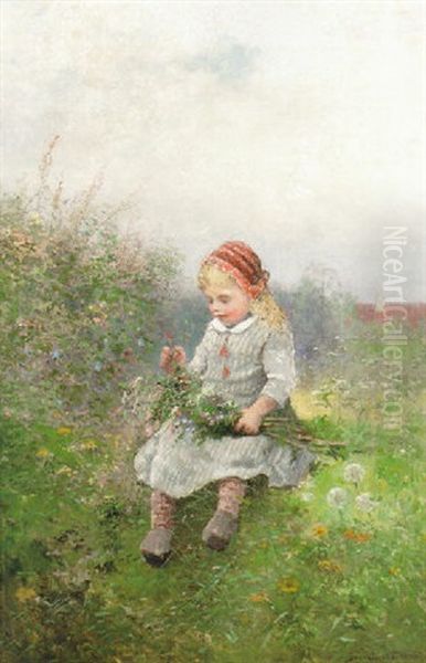 Flicka Med Blomsterbukett Pa Sommarang Oil Painting by Johan Severin Nilsson