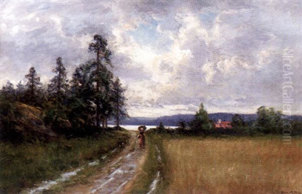 Flicka Pa Landsvag Oil Painting by Johan Severin Nilsson