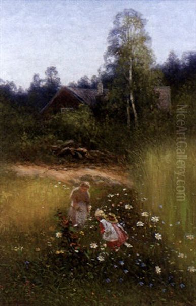 Mor Och Barn Pa Blomstreang Oil Painting by Johan Severin Nilsson