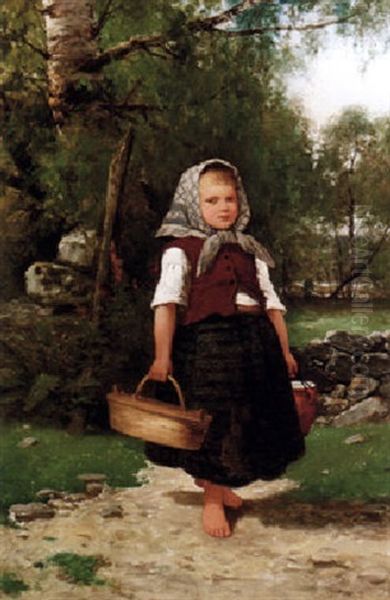 Flicka I Sommarlandskap Oil Painting by Johan Severin Nilsson