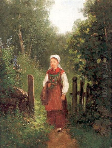 Flicka I Sommarlandskap Oil Painting by Johan Severin Nilsson