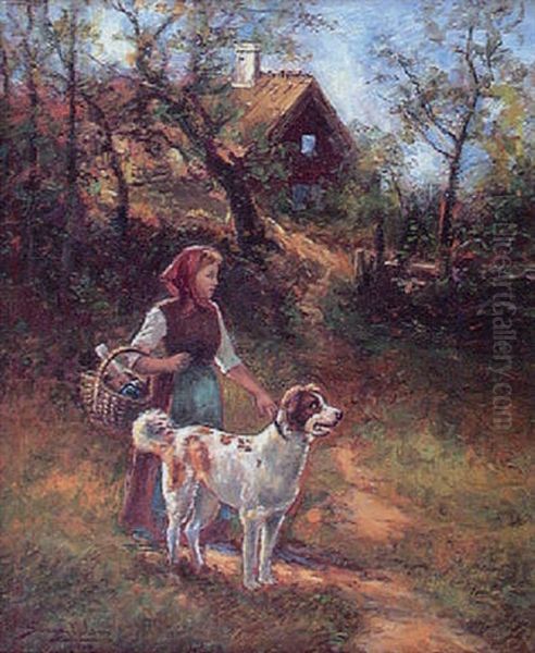 Flicka Med Picknickkorg Och Hund Oil Painting by Johan Severin Nilsson