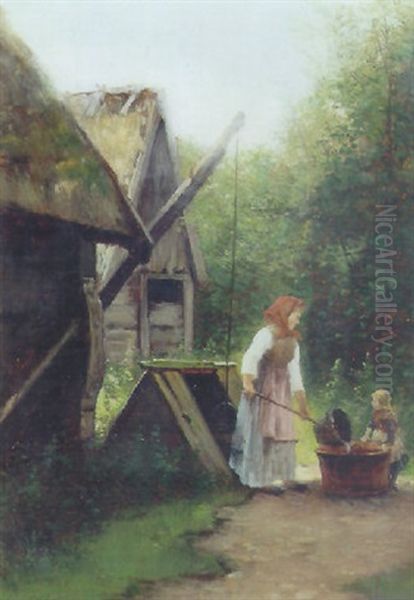 Mor Og Barn Henter Vand Ved Bronden Oil Painting by Johan Severin Nilsson