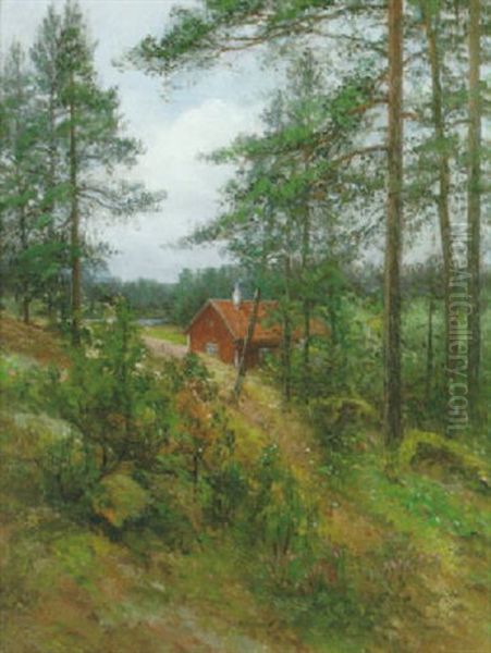 Skogslandskap Med Rod Stuga Oil Painting by Johan Severin Nilsson