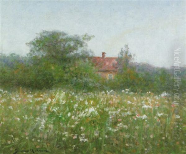 Blommande Landskap Med Hus Oil Painting by Johan Severin Nilsson