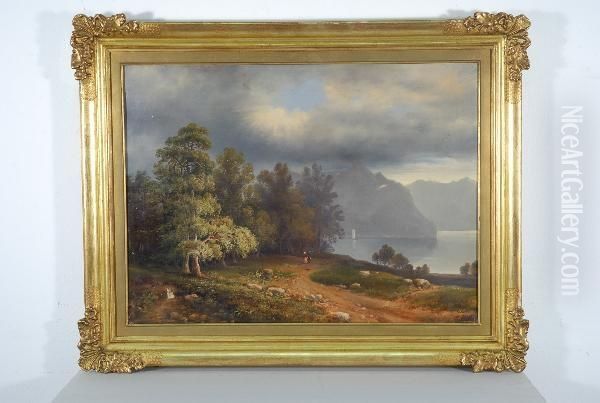 Lago Lombardo Con Figure Lungoil Sentiero Oil Painting by Fulvia Bisi