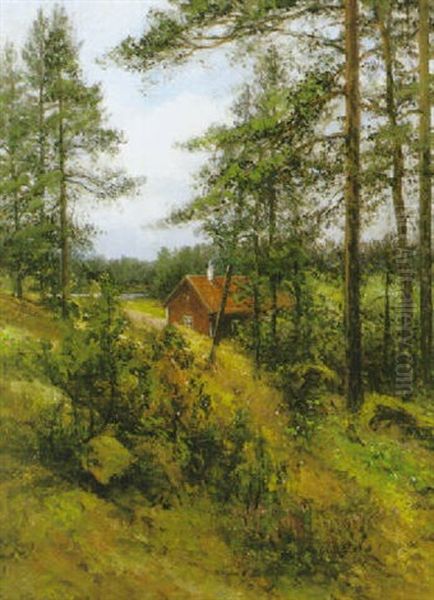 Rod Stuga I Skogen Oil Painting by Johan Severin Nilsson