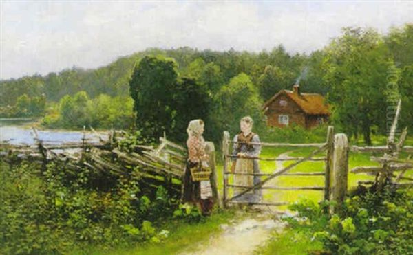 Samtal Vid Grinden Oil Painting by Johan Severin Nilsson