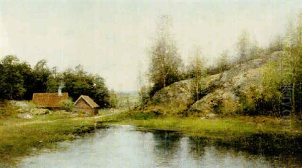 Landskap Med Insjovik Oil Painting by Johan Severin Nilsson