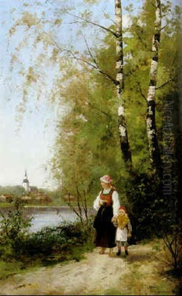 Mor Och Dotter Pa Varpromenad Oil Painting by Johan Severin Nilsson