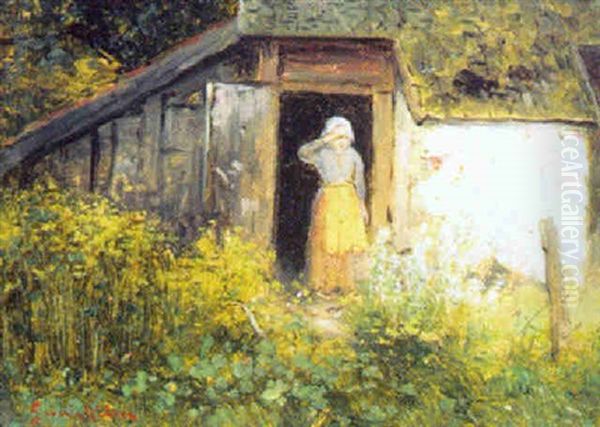 Kvinna Vid Backstuga, I Forgrunden Blommande Blomsterang Oil Painting by Johan Severin Nilsson