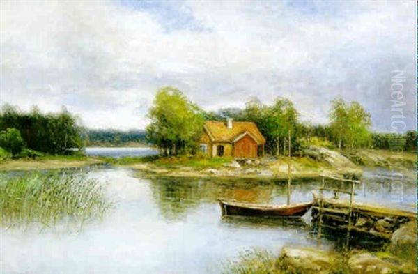 Skargardsvik Med Stuga Och Eka Oil Painting by Johan Severin Nilsson