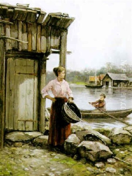 I Vantan Pa Fangsten Oil Painting by Johan Severin Nilsson