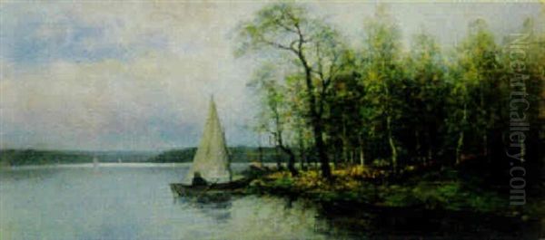 Man I Segelbat Vid Strandkant Oil Painting by Johan Severin Nilsson