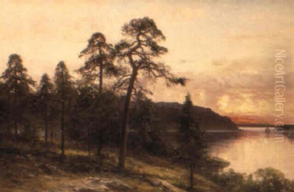 Skargardsvik I Kvallssol Oil Painting by Johan Severin Nilsson