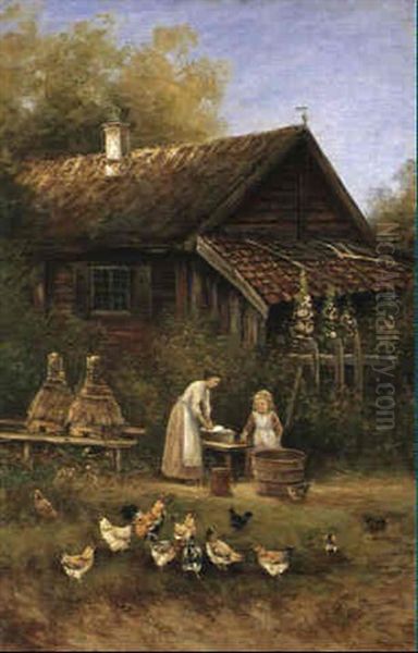 Kvinna Och Barn Vid Bikupor Oil Painting by Johan Severin Nilsson