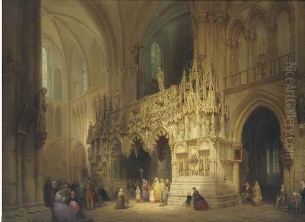 A Cathedral Interior With Figures At Mass Oil Painting by Luigi Bisi