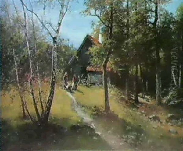 Skogstorp I Bjorkbacke Oil Painting by Johan Severin Nilsson