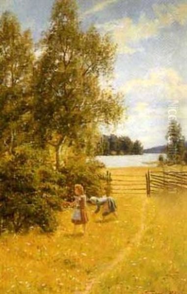 Flickor Pa Sommarang Oil Painting by Johan Severin Nilsson