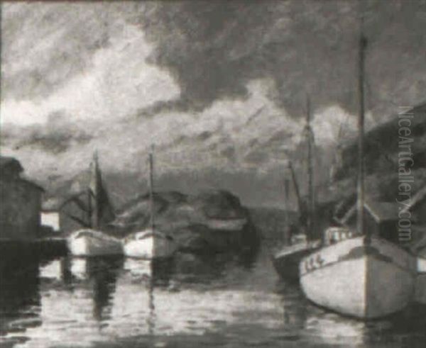 Harbor Scene With Boats At Anchor, Large Rock Formations Beyond Oil Painting by Nils Nilsson