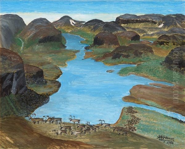 Landscape From The North Of Sweden With Reindeers by Nils Nilsson-Skum