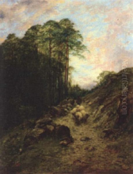 Shepherd And Longhorned Sheep On A Highland Path Oil Painting by Pollock Sinclair Nisbet