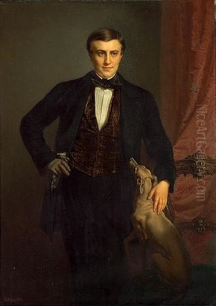 A Portrait Of A Gentleman, Three-quarter Length, With His Greyhound Oil Painting by Jean Baptiste (Jean Mathieu) Nisen