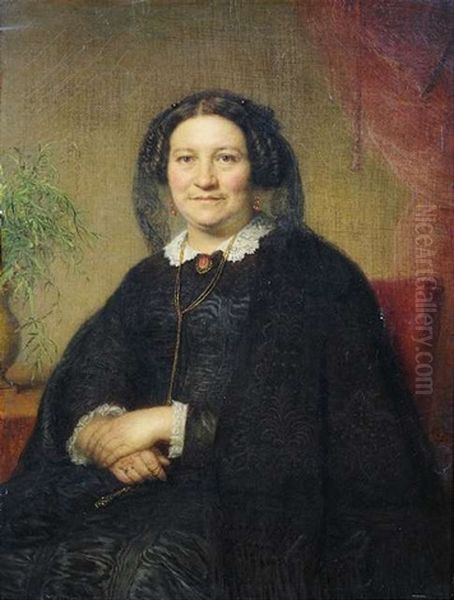 Bildnis Einer Alteren Dame In Schwarzem Kleid In Einem Roten Lehnstuhl Sitzend Als Dreiviertelfigur Oil Painting by Jean Baptiste (Jean Mathieu) Nisen