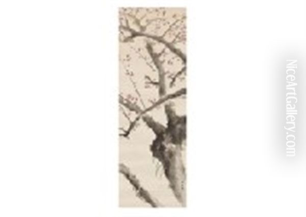 Red Plum Oil Painting by Genjiro (Goun) Nishimura