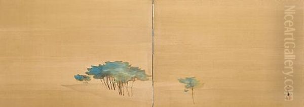 Pines (in 2 Parts) Oil Painting by Genjiro (Goun) Nishimura